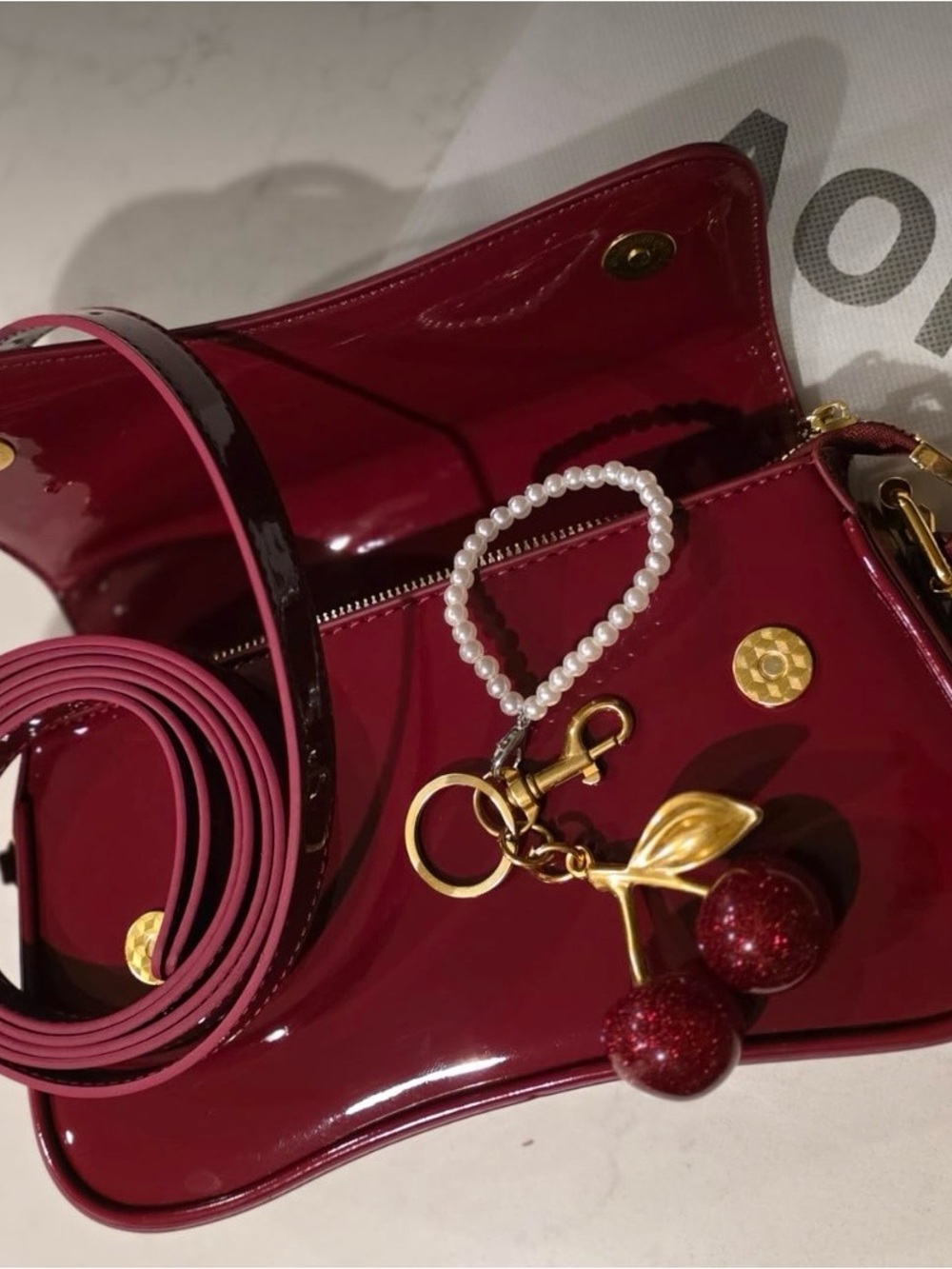 Patent Cherry Red Women's Shoulder Bag with Gold Hardware